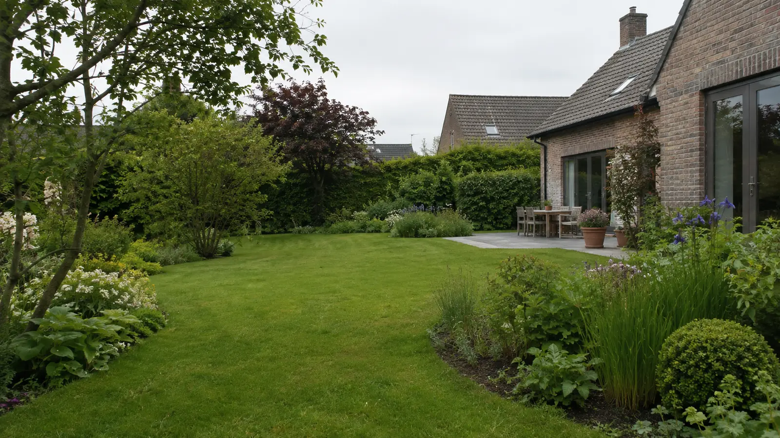: Volwassen Belgische tuin met groen gazon in de vroege zomer