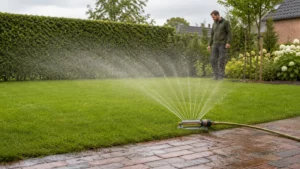 Gazon gelijkmatig beregenen nadat zomermeststof is gestrooid