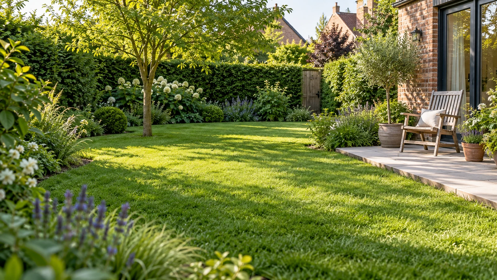 Verzorgd groen gazon met terras en vasteplantenborder in een Belgische tuin