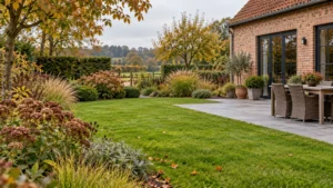 Bestaand gazon met enkele gevallen bladeren in een verzorgde herfsttuin