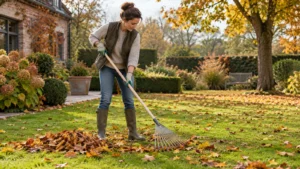 Een tuinier verzamelt herfstbladeren met een lichte bladhark