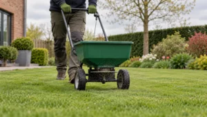 Een tuinier verdeelt gazonmest met een strooiwagen over kort gras