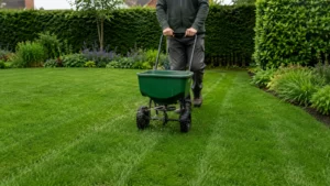 Tuinier strooit zomermest gelijkmatig met een strooiwagen