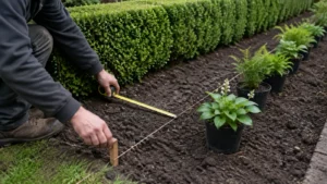 Afstand tussen gesnoeide haag en eerste plantrij meten met meetlint en koord.