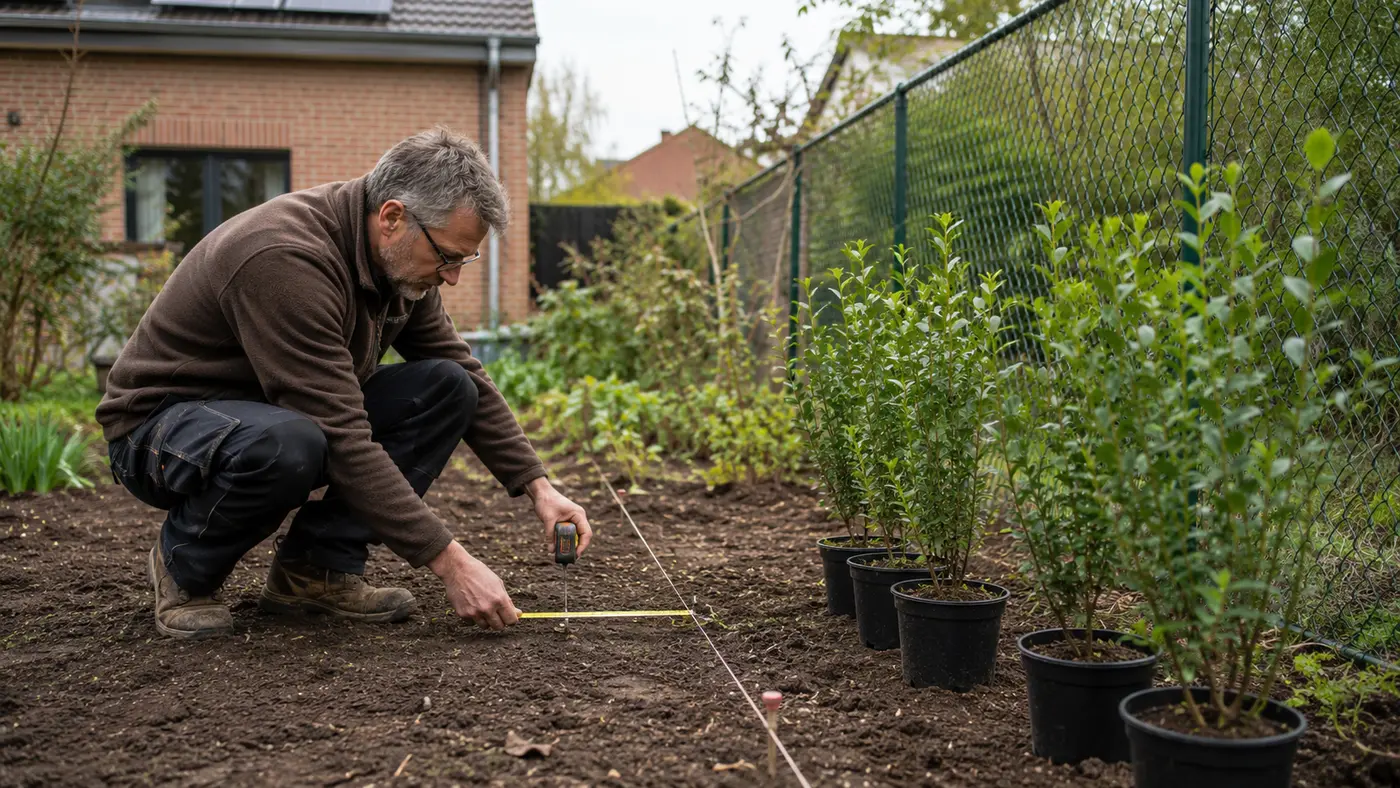 Tuinier meet de afstand tussen perceelgrens en plantlijn voor een nieuwe ligusterhaag