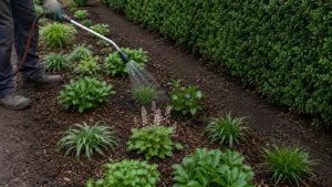 Jonge schaduwplanten naast een haag gericht water geven op doorlatende grond.