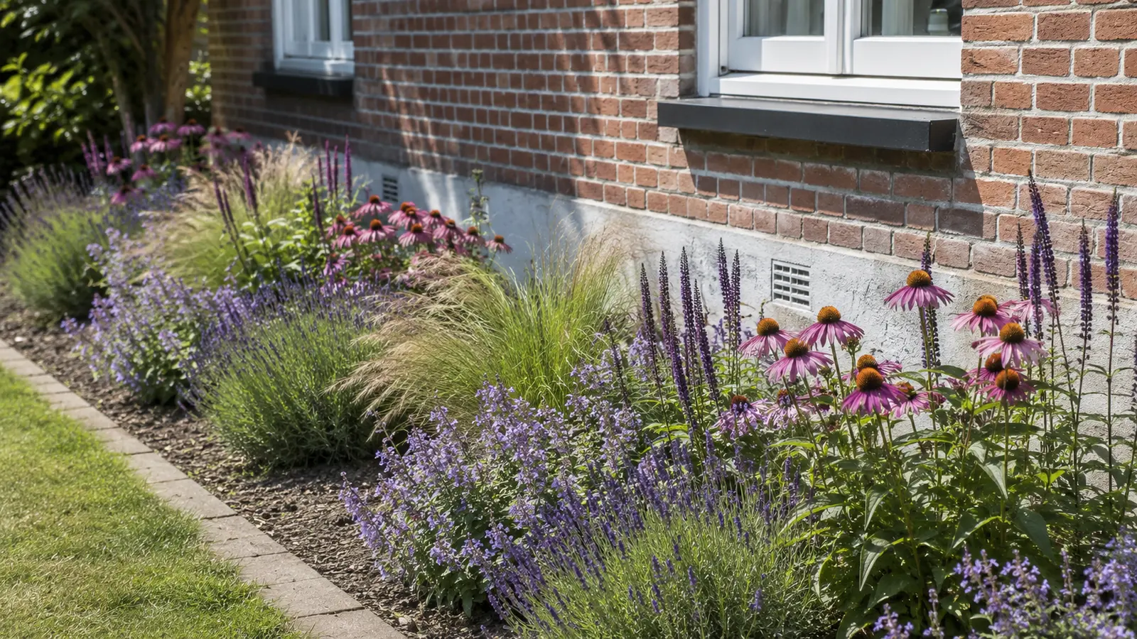 Volwassen zonnige vasteplantenborder langs een bakstenen gevel