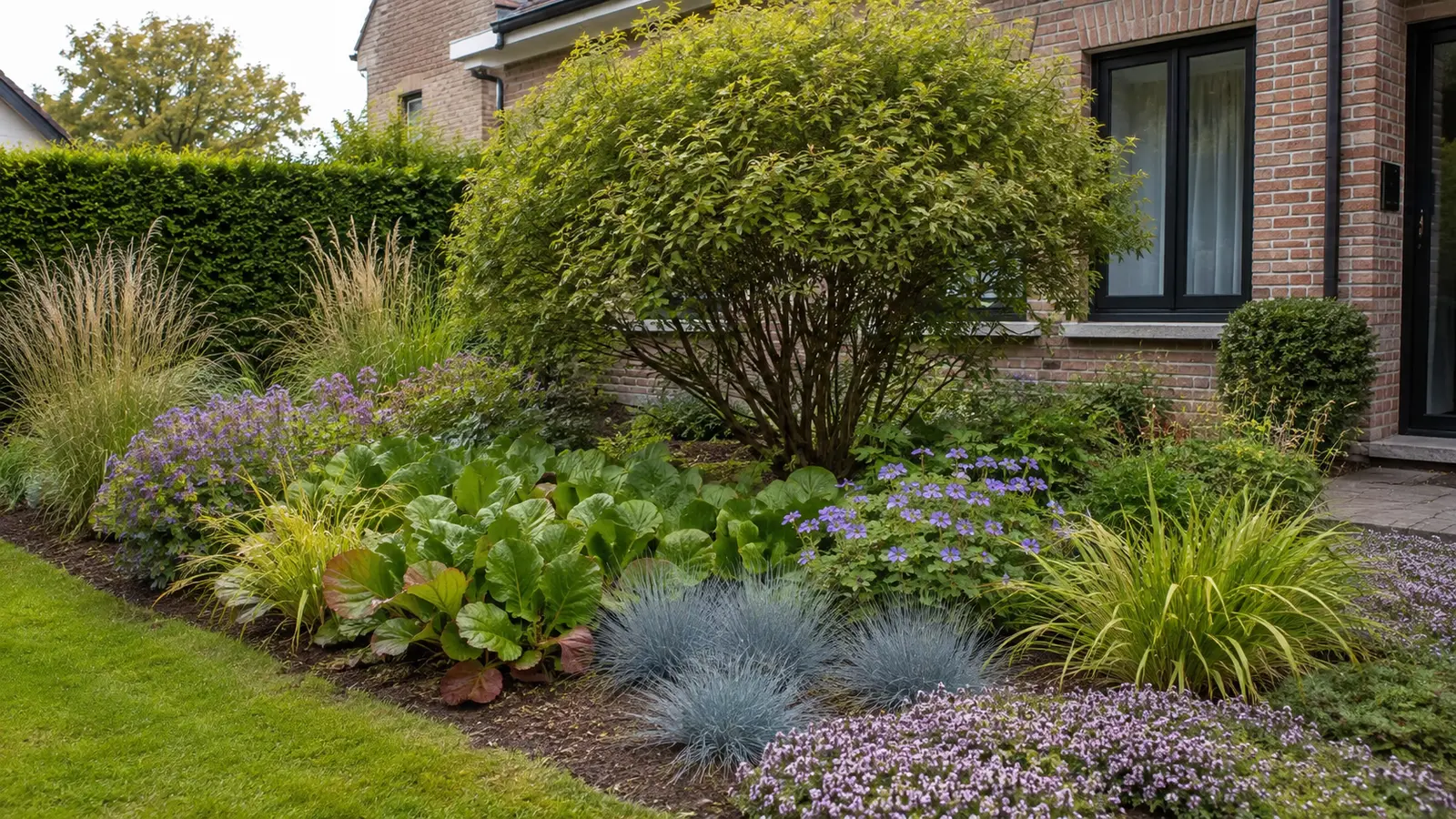 Volgroeide voortuinborder met vaste planten rond een bestaande struik