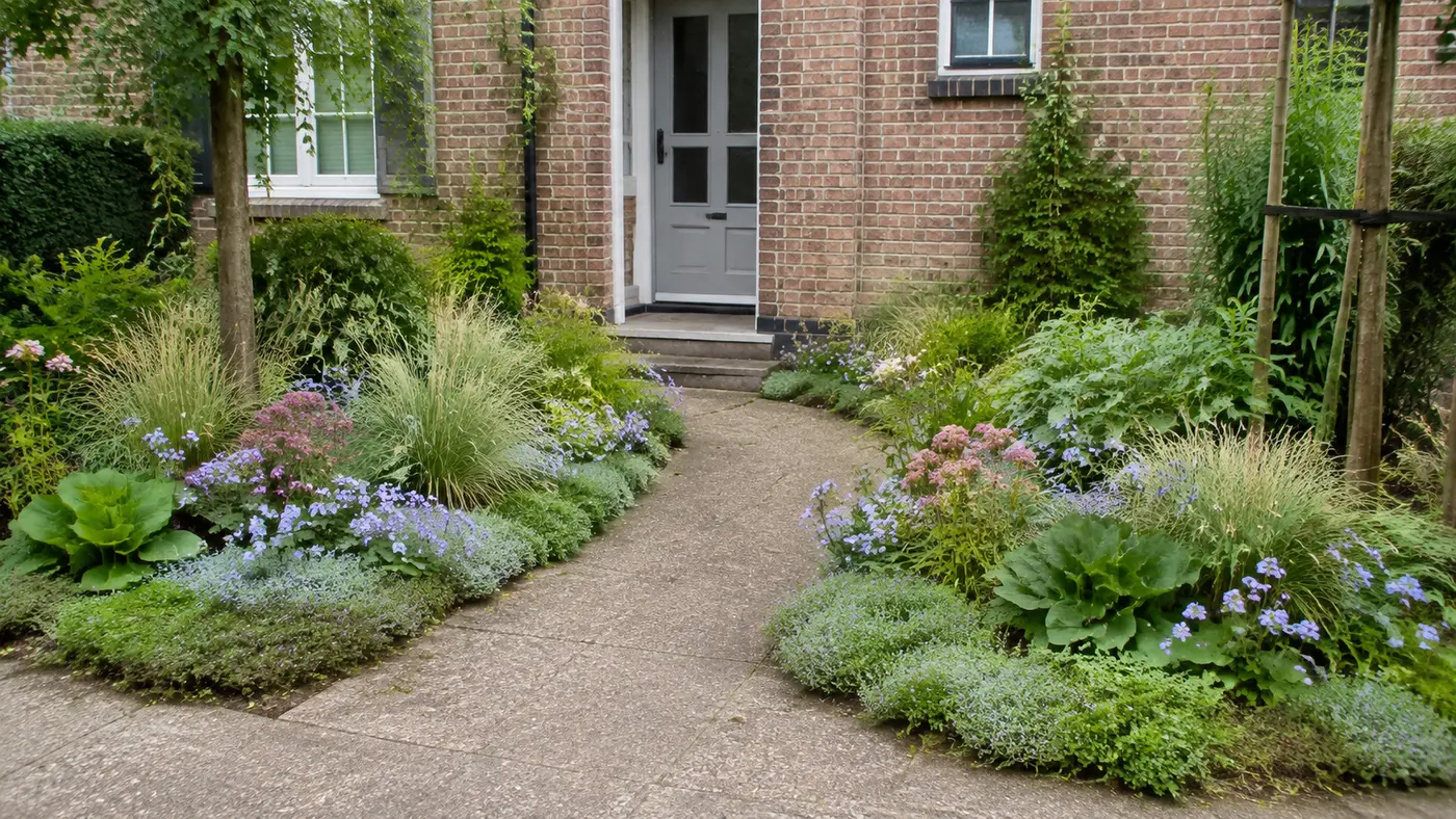 Twee aparte voortuinborders met dezelfde mix van vaste planten