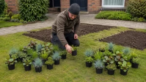 Tuinier verdeelt jonge borderplanten per soort over twee groepen
