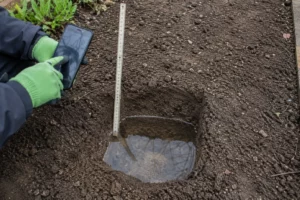 Drainagetest met watergevulde testkuil in een border
