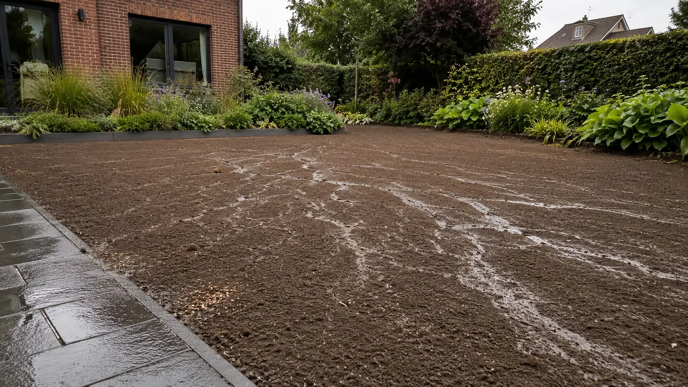 Vers ingezaaid gazon met uitgespoelde geultjes na hevige regen
