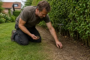 Tuinier controleert droge grond en worteldruk langs een haag