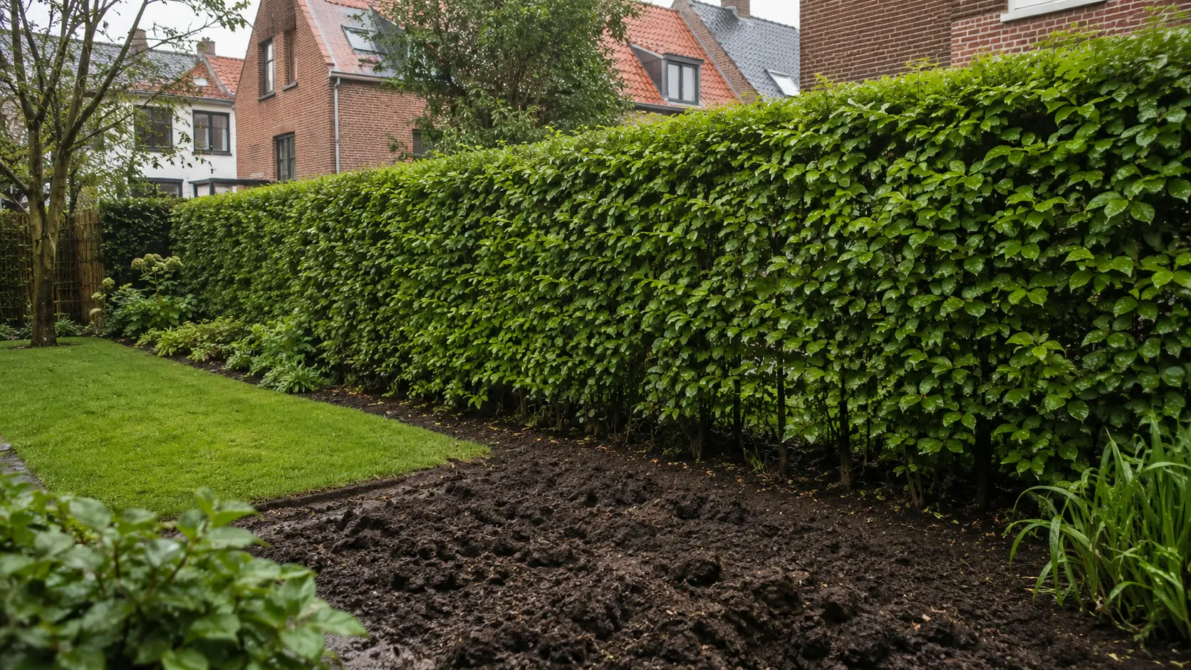 Volwassen groene haag in een Belgische tuin met zware vochtige kleigrond