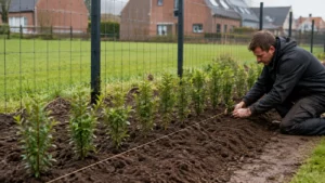 Jonge ligusterhaag met werkruimte langs een draadafsluiting