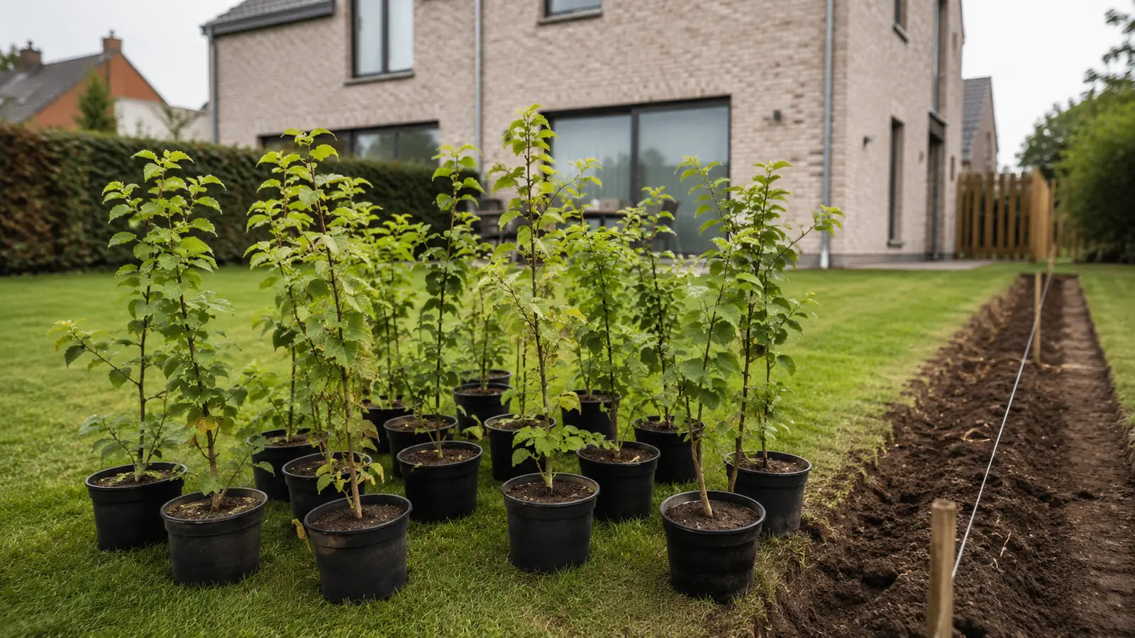 Potgekweekte haagplanten na levering naast een voorbereide plantlijn in een Belgische tuin