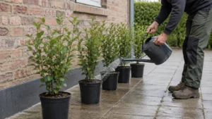 Potgekweekte haagplanten staan beschut terwijl de potgrond gericht water krijgt