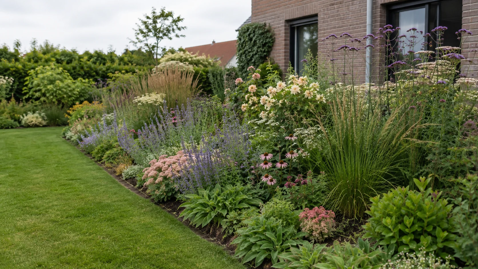 Volgroeide gemengde border met lage, middelhoge en hogere plantenlagen