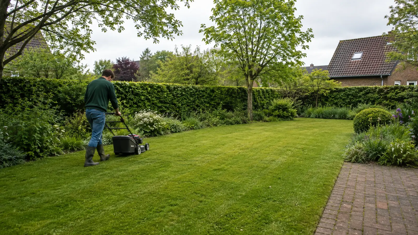 Gazon maaien in een volwassen Belgische tuin