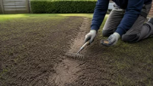 Kale uitgespoelde strook in een jong gazon voorzichtig herstellen en bijzaaien