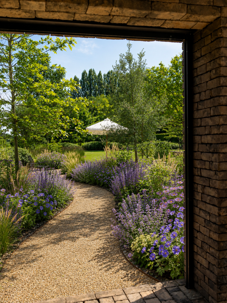 Volwassen langbloeiende border met Geranium Rozanne, Salvia Caradonna, Nepeta Six Hills Giant en Aster Prof. Anton Kippenberg langs een tuinpad.