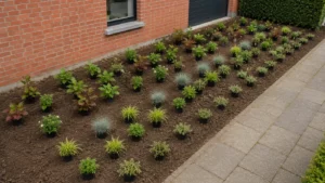 Overzicht van herhaalde plantgroepen in een lange border voor het planten