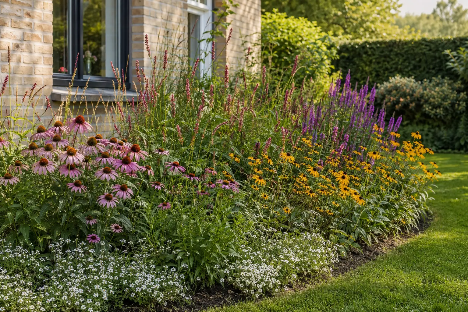 Volwassen zonnige bijenborder met Echinacea, Rudbeckia en bloeiende aren langs een Belgisch gazon