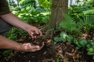 Hand controleert het bodemvocht in een schaduwborder onder een boom