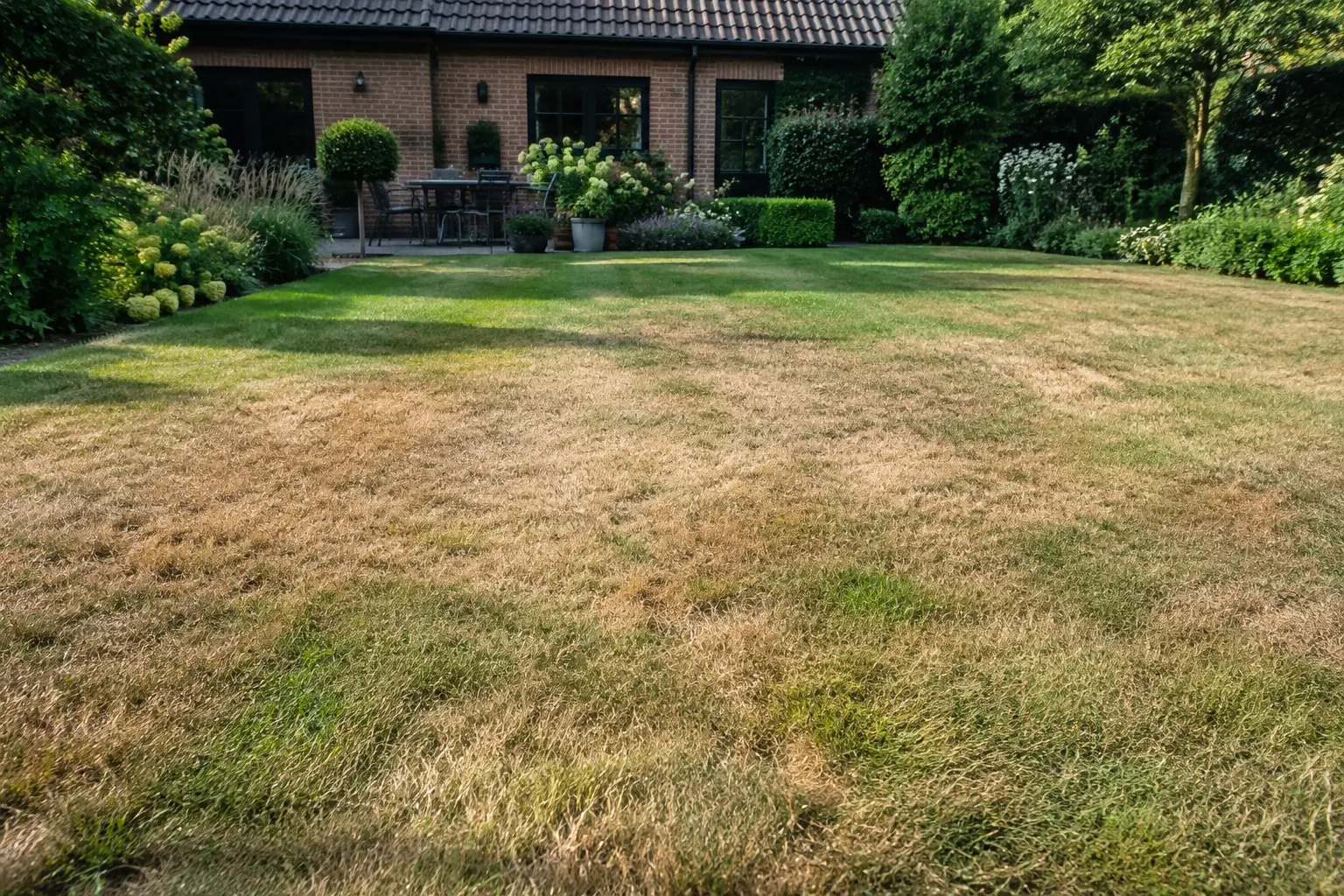 Bruin gazon met groene plekken na een droge zomer in een Belgische tuin