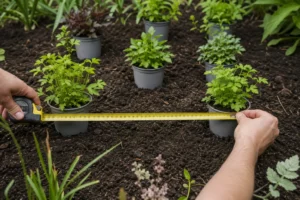 Plantafstand tussen jonge vaste planten meten van hart tot hart