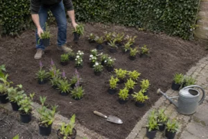 Tuinier zet jonge vaste planten in groepen uit op voorbereide grond