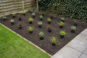 Jonge vaste planten eerst over de voorbereide border verdelen