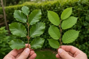 Glad blad van Fagus sylvatica naast geribbeld blad van Carpinus betulus