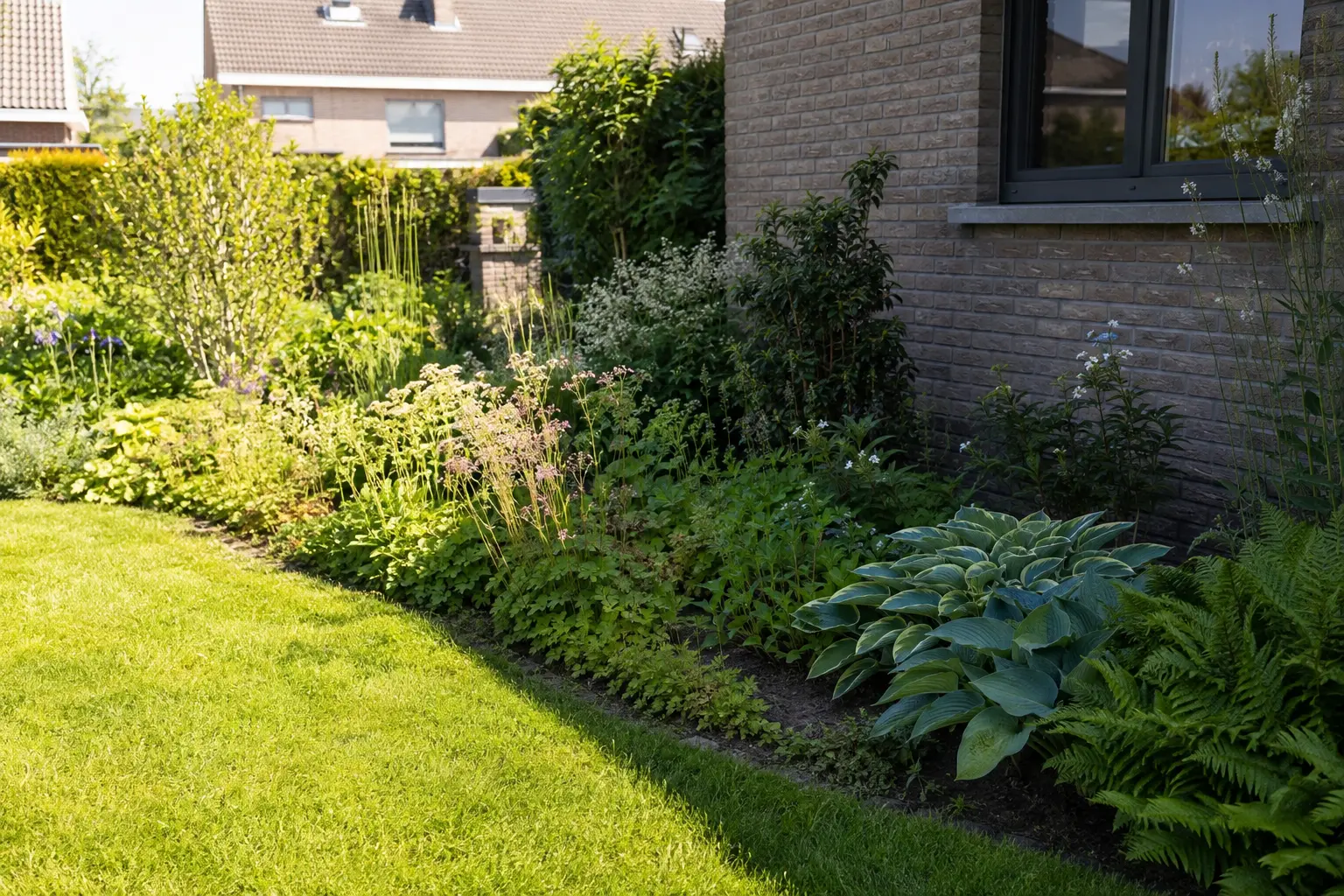 Belgische tuinborder met een zichtbaar zonnig en beschaduwd deel langs een woning