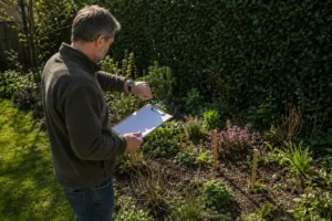 Tuinliefhebber noteert de zonuren van verschillende zones in een border