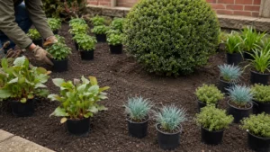 Borderplanten in pot uitgezet rond een bestaande struik