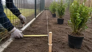 Plantlijn voor een haag haaks uitmeten vanaf een draadafsluiting