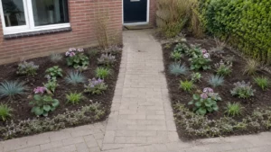 Twee aparte borders met jonge planten volgens een aangepaste indeling