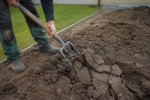 Verdichte tuingrond voorzichtig losmaken met een spitvork
