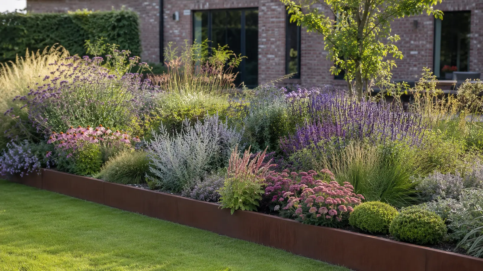 Volwassen zonnige beplanting in een verhoogde border in een Belgische tuin