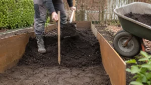 Verhoogde border vullen met teelaarde en rijpe compost

