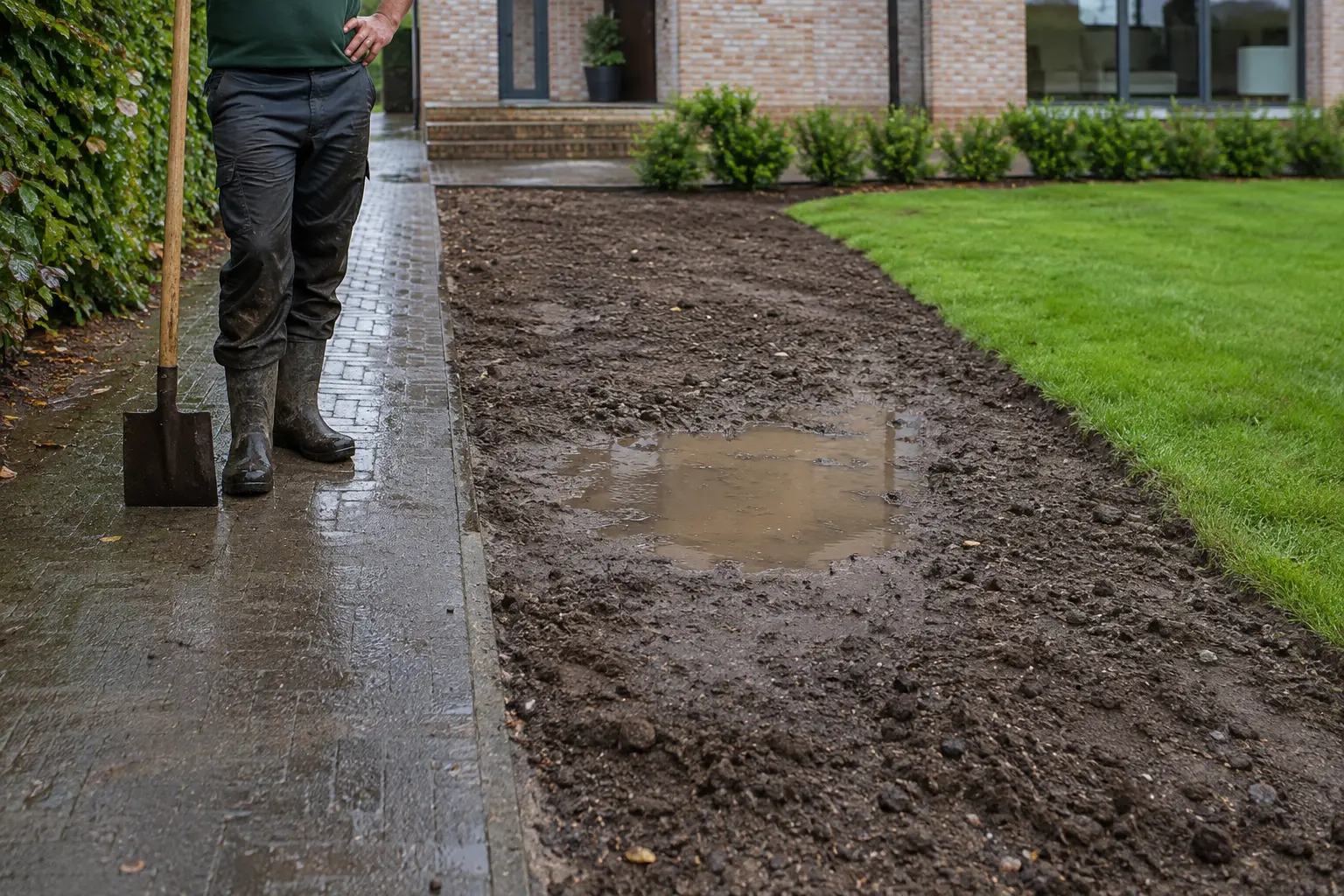 Plas water die na regen in een lege border blijft staan