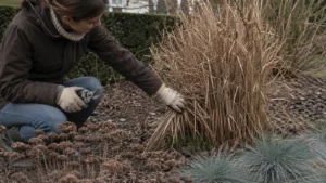 Tuinier controleert nieuwe scheuten onder droge siergrassen in de late winter