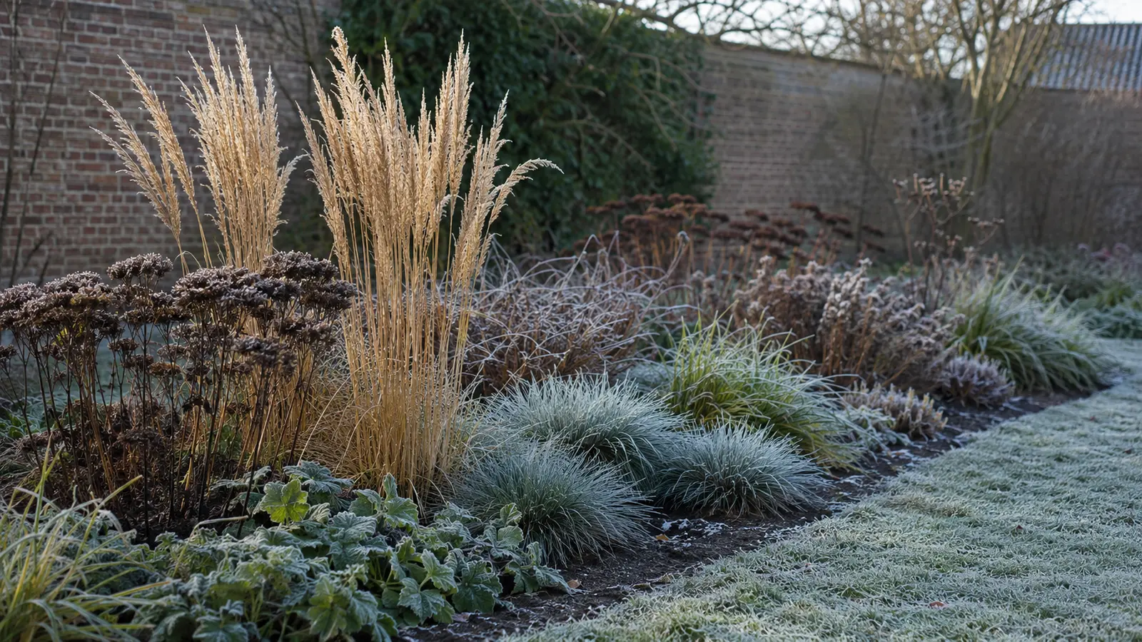 Volwassen winterborder met siergrassen, Sedum en wintergroene graspollen