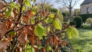 Nieuwe groene beukenbladeren tussen oud koperbruin winterblad in het voorjaar