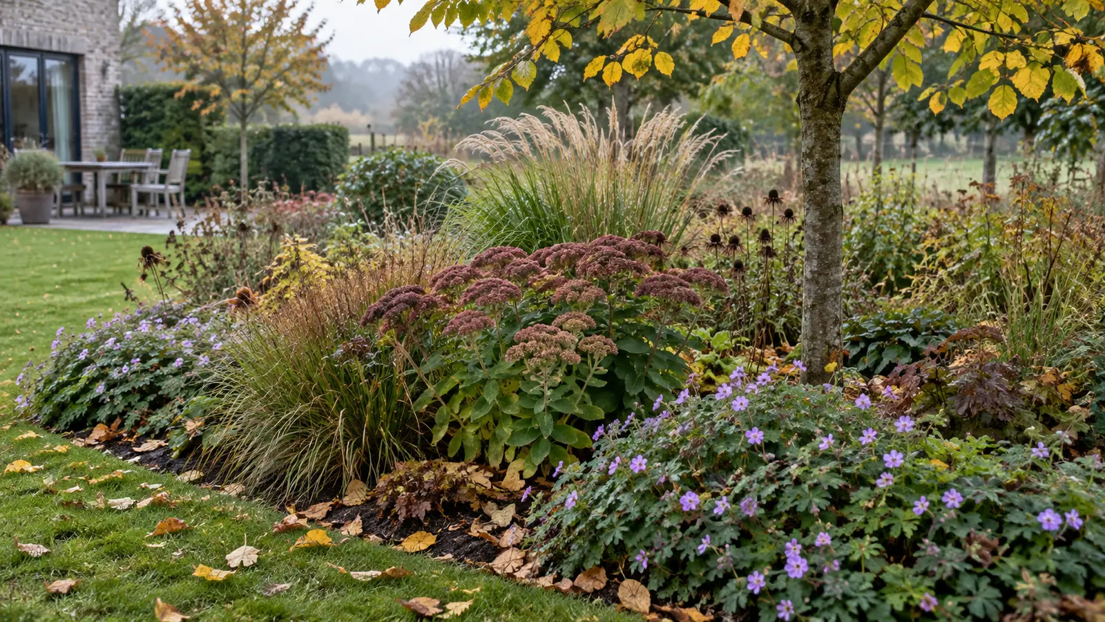 Volwassen border met siergrassen en vaste planten en een losse laag herfstblad