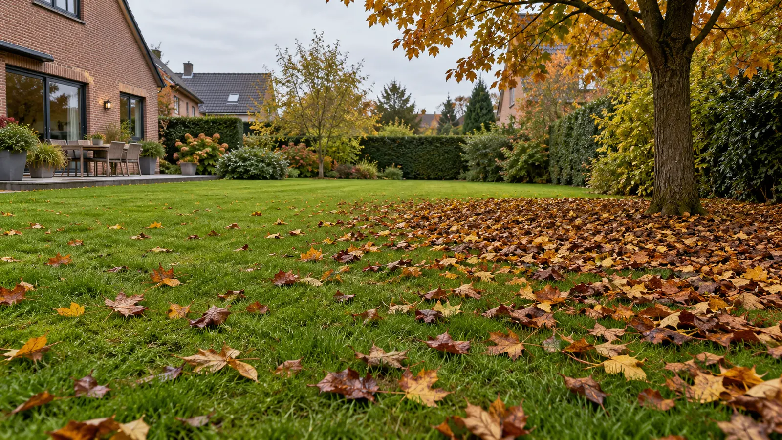 Herfstbladeren liggen verspreid over een gazon in een Belgische tuin