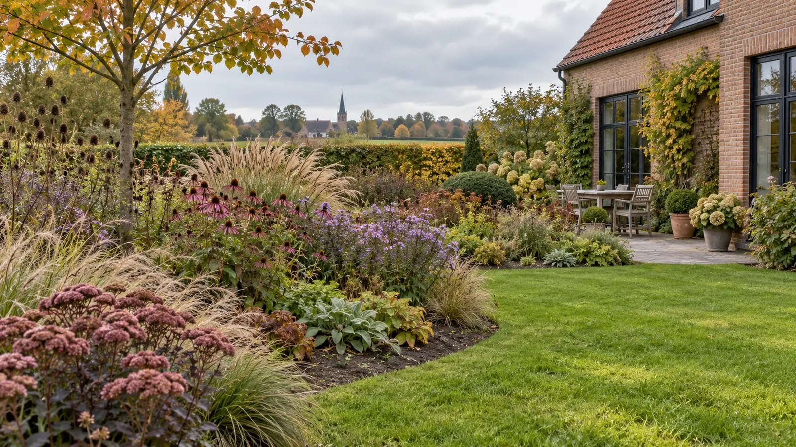 Volwassen gemengde border in een Belgische tuin in het najaar