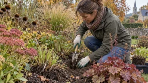 Tuinier maakt een klein plantgat tussen bestaande vaste planten