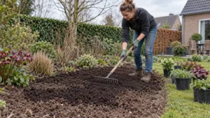 Tuinier verdeelt rijpe compost dun over een volledige border en werkt die licht in.